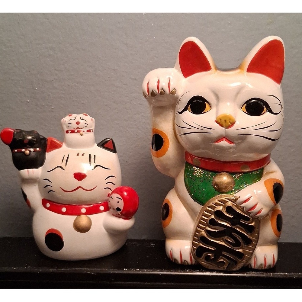 Japanese lucky cat vintage set of 2 Maneki Neko